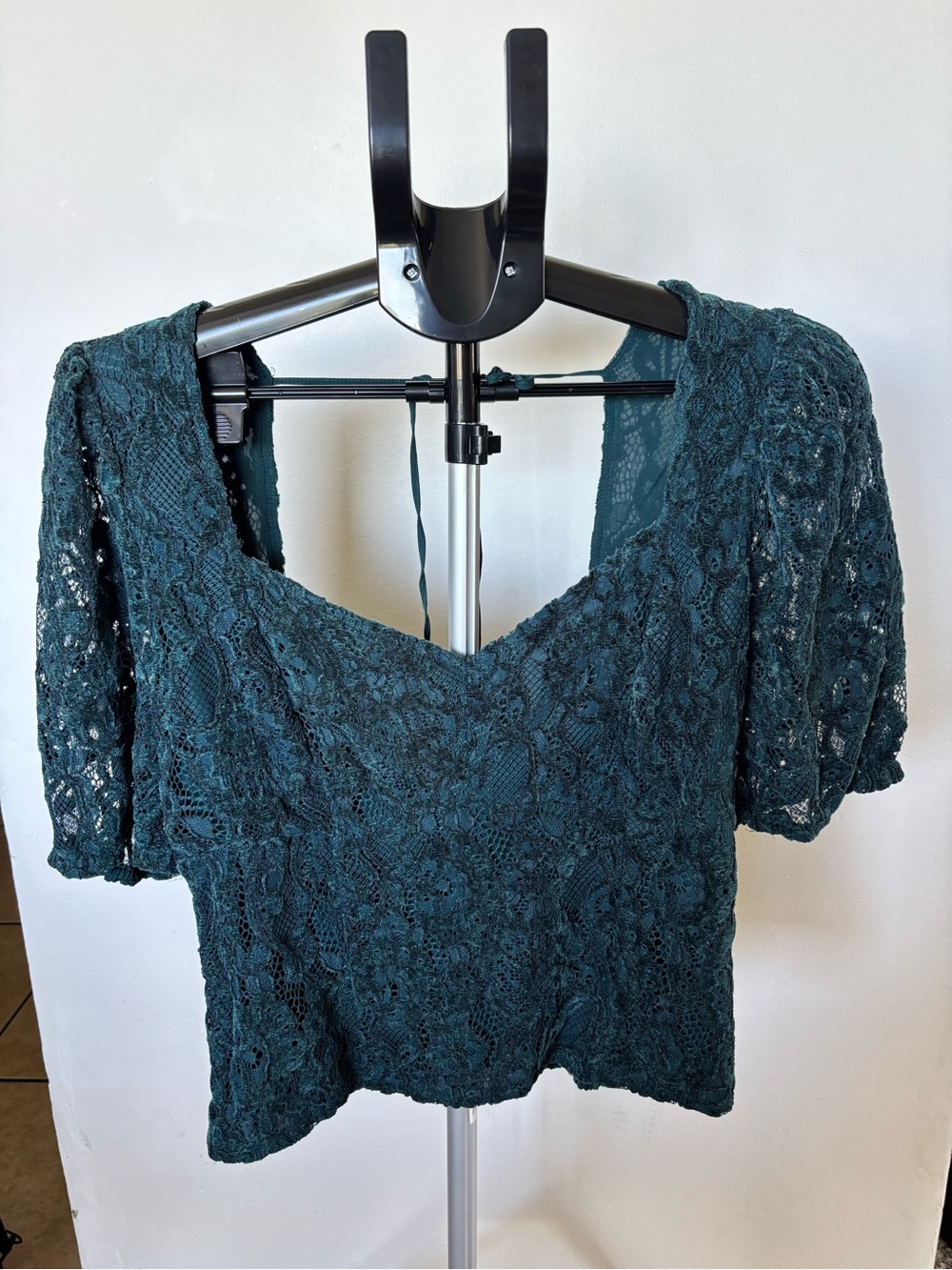 Free People Teal Lace Square-Neck Puff Sleeve Blouse